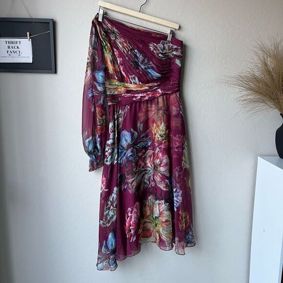 Marchesa Notte Burgundy Floral Print One Shoulder Chiffon‎ Midi Dress Size 2 - Picture 2 of 14